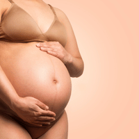 A pregnant woman in a beige bra, gently holding her bare belly with both hands, against a soft peach background.