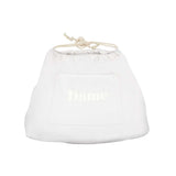 A light-colored drawstring bag featuring a front pocket and adorned with the 