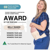 A smiling pregnant woman wearing a blue plaid shirt and blue pants is showing off a beige 3-in-1 Belly Band for Pregnancy, Postpartum, C-section by Belly Bands. The image includes text: 