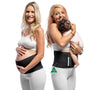 Two women in white outfits wear supportive black belts around their waists. The woman on the left cradles her pregnant belly and smiles, showcasing the 3-in-1 Belly Band for Pregnancy, Postpartum, C-section by Belly Bands, while the woman on the right holds a baby against her chest and also smiles. An Australian Made logo is visible on one belt.