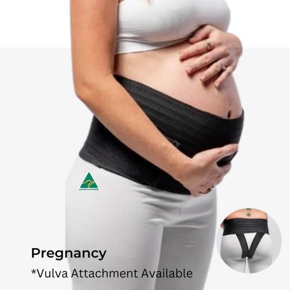 A pregnant woman wearing a black 3-in-1 Belly Band for Pregnancy, Postpartum, C-section from Belly Bands around her belly. She has one hand resting on her belly and the other hand adjusting the belt. Text reads "Pregnancy *Vulva Attachment Available." An inset shows a detailed image of the vulva attachment for comprehensive maternity support.

