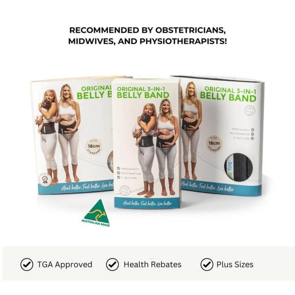 Three packages of the "3-in-1 Belly Band for Pregnancy, Postpartum, C-section" by Belly Bands are shown. The packages feature images of women using the band, highlighting its use for pregnancy care, postpartum support, and C-section recovery. The product is labeled as TGA approved, eligible for health rebates, and available in plus sizes.