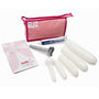 The Amielle Comfort Vaginal Dilators set, including a range of dilator sizes, a tube of Aquagel lubricant, a pink zippered pouch, an instruction booklet, and a handle mechanism are arranged on a white surface, providing comprehensive support for vaginal health and progressive therapy.