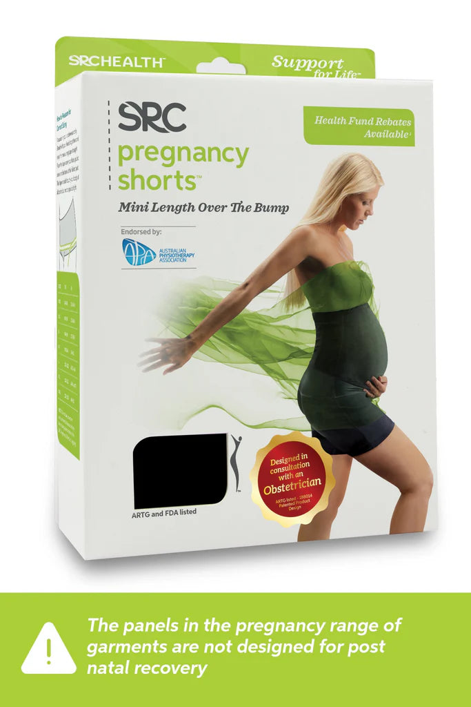 The packaging of the SRC Pregnancy Shorts - Mini Over the Bump by SRC Health features a photo of a pregnant person wearing the shorts and a green top. The text highlights that these shorts offer pelvic floor support and pain relief, with a warning that they are not suitable for postnatal recovery.