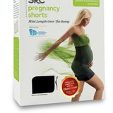 The packaging of the SRC Pregnancy Shorts - Mini Over the Bump by SRC Health features a photo of a pregnant person wearing the shorts and a green top. The text highlights that these shorts offer pelvic floor support and pain relief, with a warning that they are not suitable for postnatal recovery.