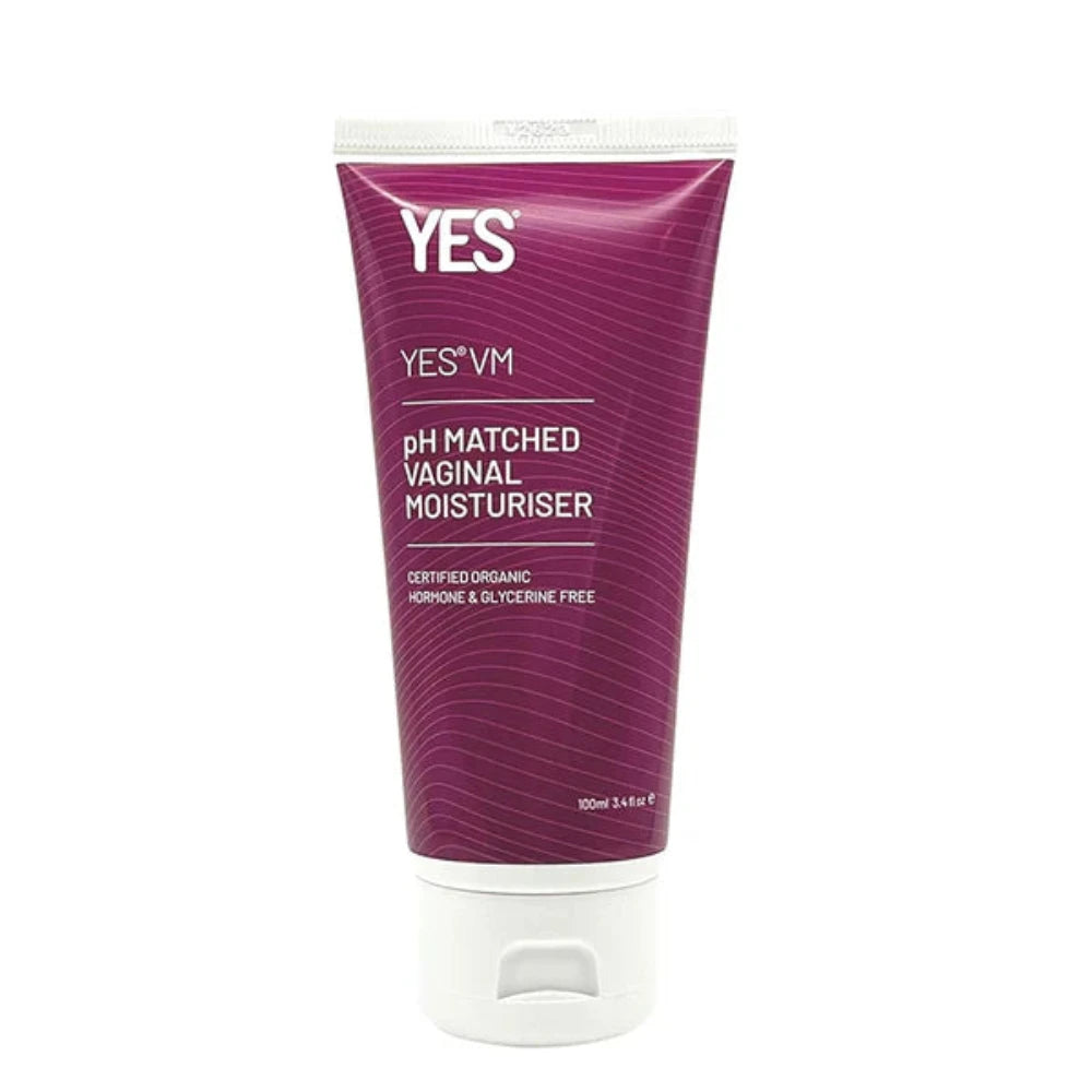 A 100ml tube of YES® VM Vaginal Moisturiser Gel by YES®, featuring a maroon label with white text. This natural vaginal moisturiser uses certified organic ingredients, is hormone and glycerin-free, and has a securely attached white cap for long-lasting hydration.