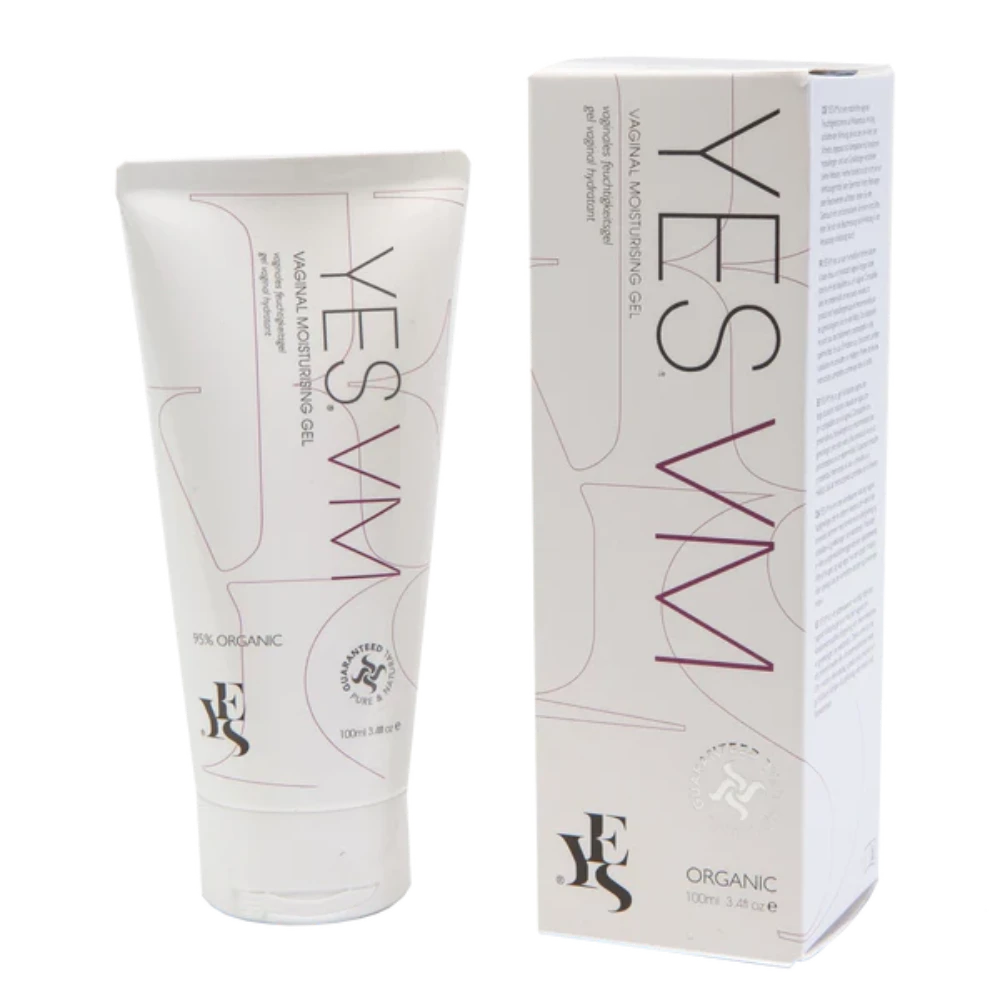 An image of YES® VM Vaginal Moisturiser Gel, a natural vaginal moisturizer from the brand YES®. The product is in a white tube with purple and gray text, accompanied by its matching white cardboard box packaging, also featuring purple and gray text. The 100ml (3.4 fl. oz) gel promises long-lasting hydration from certified organic ingredients.