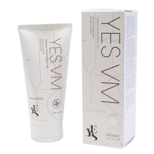 An image of YES® VM Vaginal Moisturiser Gel, a natural vaginal moisturizer from the brand YES®. The product is in a white tube with purple and gray text, accompanied by its matching white cardboard box packaging, also featuring purple and gray text. The 100ml (3.4 fl. oz) gel promises long-lasting hydration from certified organic ingredients.