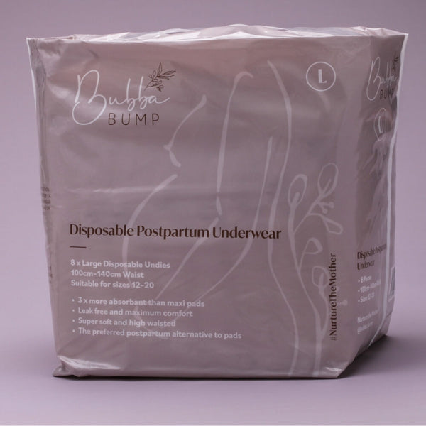 A package of Bubba Bump Disposable Postpartum Underwear, size large. The package includes 8 leak-proof maternity underwear suitable for waist sizes 100-140 cm, designed for maximum absorbency and comfort. The text on the package emphasizes that it is a postpartum pad alternative.