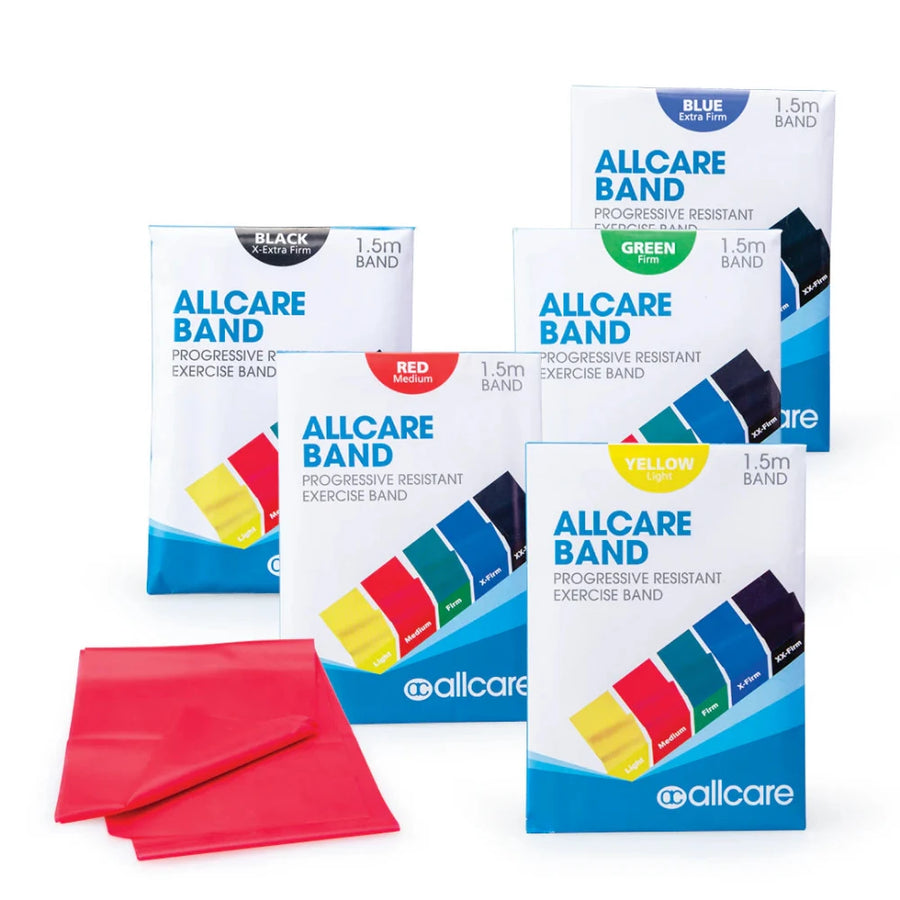 Five boxes of AllCare Exercise/Resistance Bands – 1.5 Metre—are displayed. Each box features a different color and resistance level—black (extra strong), red (medium), green (firm), blue (extra firm), and yellow (light). Ideal for strength training and rehabilitation, a red resistance band is unfolded in front.