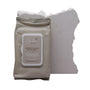 A beige package labeled "Postpartum Witch Hazel Recovery Wipes // 45 Pack" from Bubba Bump is displayed against a textured white stone background. The package, featuring a white rectangular flap, contains wipes specifically designed with witch hazel to provide new mothers with soothing postpartum relief.