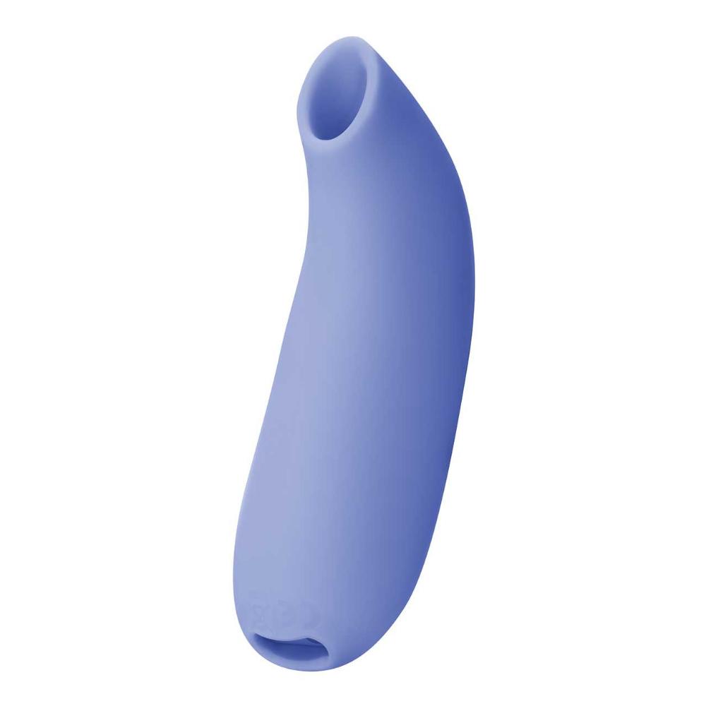 The Dame Aer - External Suction by Dame is a sleek silicone device in blue, designed with a curved shape and an opening at one end. It features air-pulse technology for clitoral pleasure and offers a smooth surface for comfortable use. Made from waterproof silicone, it's ideal for any intimate moment.