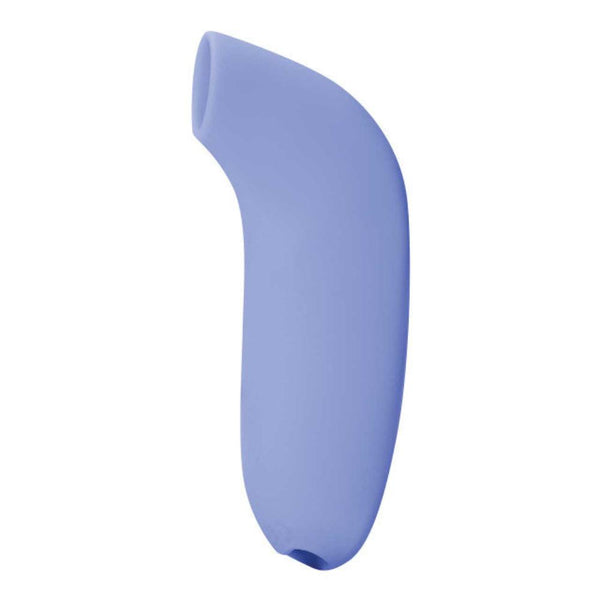 The Dame Aer - External Suction by Dame is a blue, curved product made from smooth and seamless waterproof silicone. It features a rounded top with a small opening at the end, utilizing air-pulse technology for clitoral pleasure and boasts a sleek, ergonomic design.