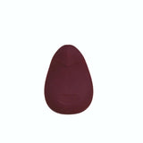 A maroon, egg-shaped Dame Pom External Flexible Vibrator by Dame is made of medical-grade silicone and features a smooth surface with a small indentation near the bottom center, presented against a light gray background.