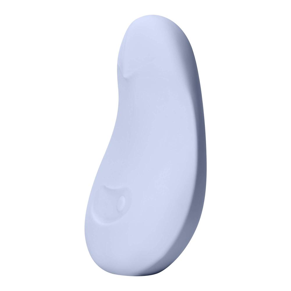 The Dame Pom - External Flexible Vibrator by Dame is an elegantly simple piece, featuring a bean-like shape with smooth curves and an ergonomic design. Crafted from medical-grade silicone, its abstract blue form boasts a matte finish and stands upright against a plain white background, accentuating its minimalistic appeal.