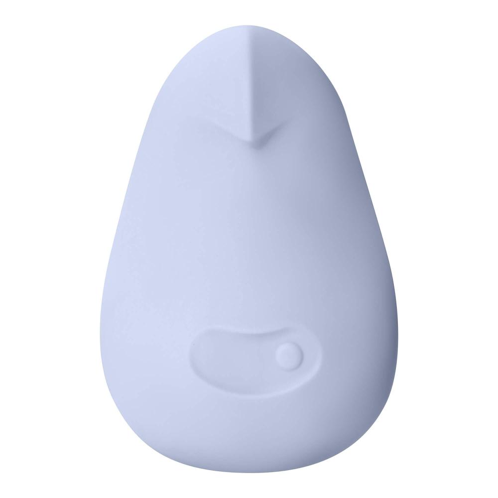 The Dame Pom - External Flexible Vibrator by Dame is an egg-shaped object in light blue, made from medical-grade silicone. It has a smooth surface with a small raised arrow on top, and its ergonomic design incorporates a slightly recessed circular area near the bottom center for added flexibility and comfort.