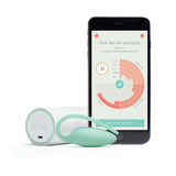 An Elvie Pelvic Floor Trainer by Elvie, a compact mint green device, connects to a smartphone displaying a health app. The app provides performance analytics, including a circular chart with various metrics for the last ten workouts, ensuring optimal pelvic health and effective Kegel exercises.