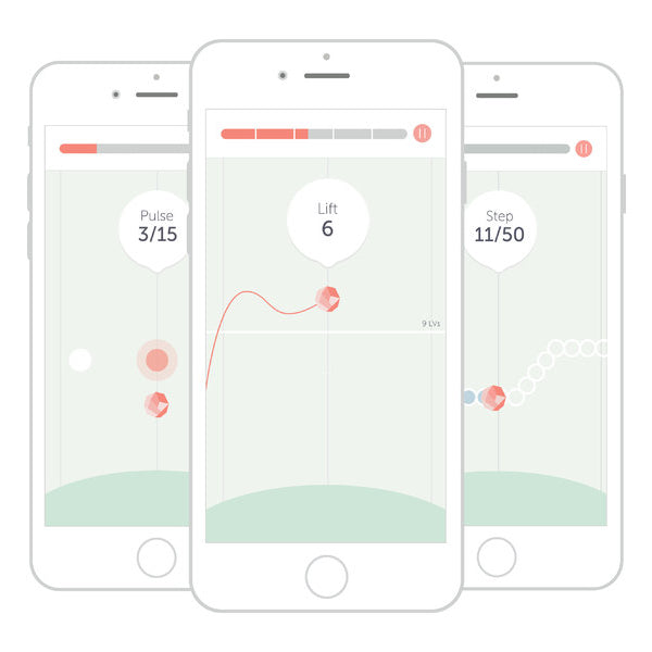 Three smartphone screens display a user interface for Elvie's Pelvic Floor Trainer app. The first screen shows "Pulse 3/15," the second shows "Lift 6," and the third shows "Step 11/50." Each screen includes progress indicators and minimalistic icons on a light background, ideal for users tracking their Kegel exerciser routines with the Elvie Pelvic Floor Trainer.