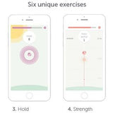 Six smartphone screens display various exercise apps labeled: 1. Lift, 2. Pulse, 3. Hold, 4. Strength, 5. Speed, and 6. Step. Each screen showcases distinct graphics and progress bars corresponding to individual exercises, including Kegel routines using the Elvie Pelvic Floor Trainer from Elvie to enhance pelvic health.