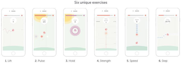 Six smartphone screens display various exercise apps labeled: 1. Lift, 2. Pulse, 3. Hold, 4. Strength, 5. Speed, and 6. Step. Each screen showcases distinct graphics and progress bars corresponding to individual exercises, including Kegel routines using the Elvie Pelvic Floor Trainer from Elvie to enhance pelvic health.