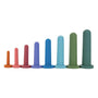 A row of eight cylindrical Bien Silicone Vaginal Dilators by BIEN Australia, designed for pelvic health therapy and crafted from medical-grade silicone, are showcased in vibrant colors such as orange, red, and teal against a white background.