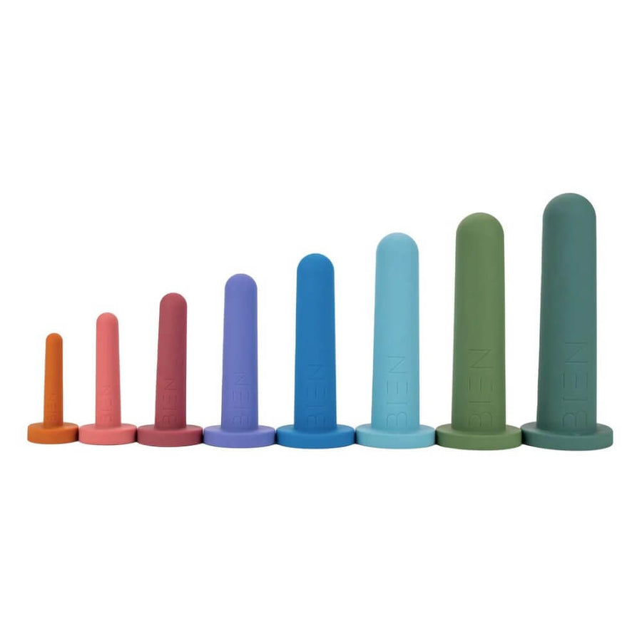 A row of eight cylindrical Bien Silicone Vaginal Dilators by BIEN Australia, designed for pelvic health therapy and crafted from medical-grade silicone, are showcased in vibrant colors such as orange, red, and teal against a white background.