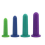 This Large Set from Intimate Rose includes four Silicone Vaginal Dilators, offering a gentle size progression and vivid colors: green, blue, teal, and purple. Each dilator is designed with a rounded tip and a flared base, beautifully displayed upright against a pristine white background.