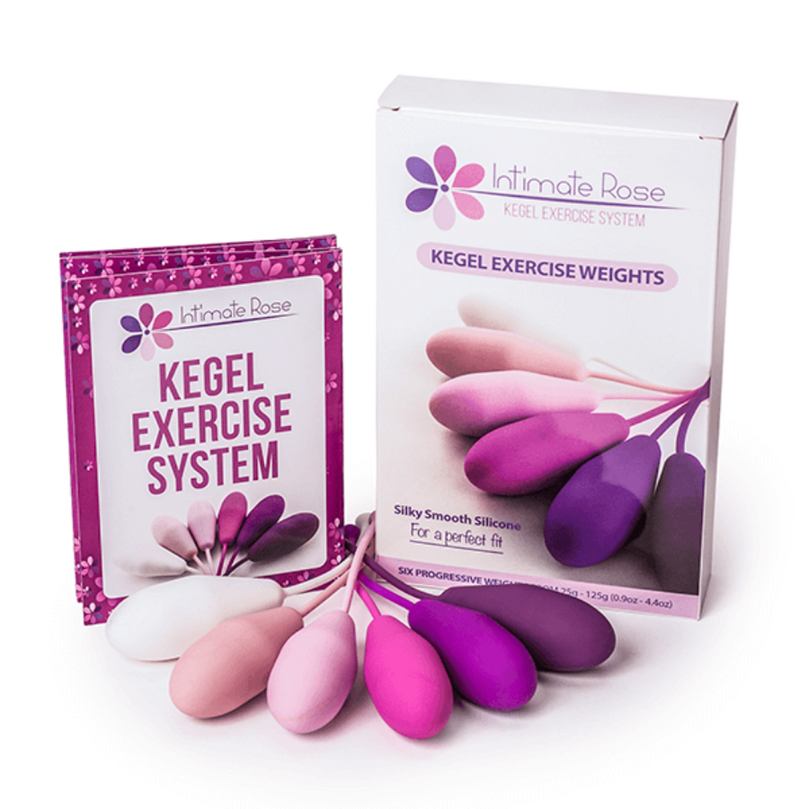 Image of Intimate Rose - Kegel Exercise Weights packaging with various pink and purple weights displayed. The box and instruction booklet, emphasizing "Pelvic Floor Training" for improved bladder control, are labeled as "Kegel Exercise Weights" and "Kegel Exercise System.