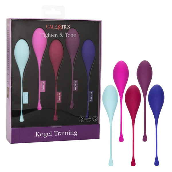 A set of five Kegel weights in a variety of vibrant colors—light blue, pink, maroon, purple, and dark blue—designed for pelvic floor strengthening. The packaging is labeled "CalExotics Tighten & Tone Kegel Training," with the weights visibly displayed next to the box.