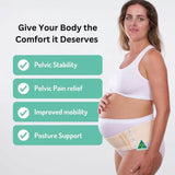 A pregnant woman is standing sideways, wearing the Belly Bands Maternity Sacroiliac Pelvic Support Belt in beige while looking at the camera. On the left side, text highlights its benefits: pelvic stability, relief from pelvic girdle pain, improved mobility, and posture support.