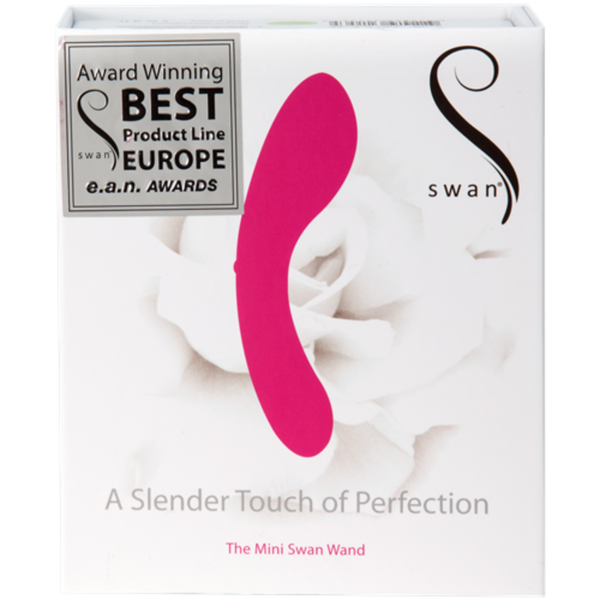 The image displays the packaging for The Mini Swan Wand from Swan. The box is primarily white and showcases a pink, curved waterproof wand vibrator. It bears a silver award label that states "Award Winning Best Product Line Europe e.a.n. Awards." Additionally, the text on the box reads "A Slender Touch of Perfection.