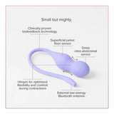 A diagram of the Perifit Care+ by Perifit, a small purple biofeedback device, displays its parts: superficial pelvic floor sensor, deep intra-abdominal sensor, external Bluetooth antenna, and flexible hinges. Text reads 