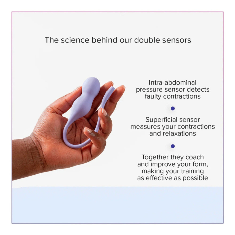 A hand holds the Perifit Care+ by Perifit, a purple medical device featuring dual sensors to detect intra-abdominal pressure and measure contractions. Utilizing biofeedback, it enhances pelvic floor training and addresses issues like bladder leakage.