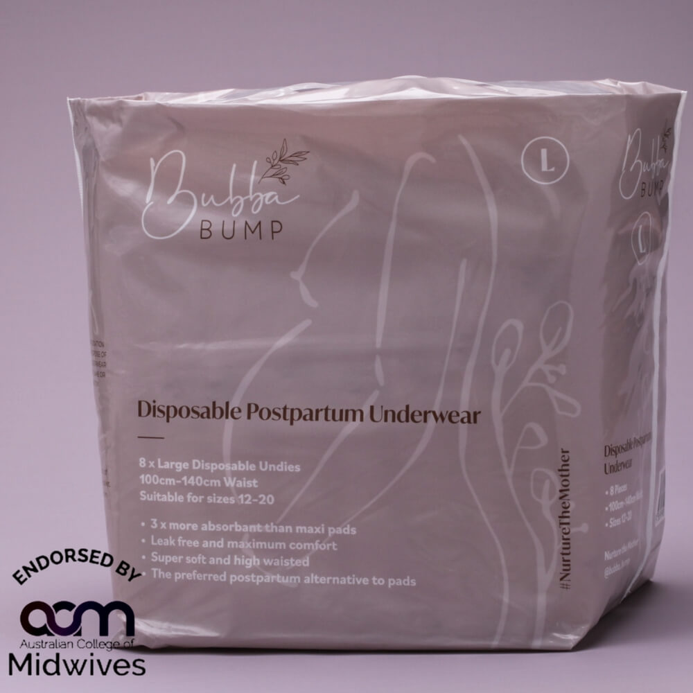 A package of Bubba Bump Disposable Postpartum Underwear is shown. The package includes details such as size L, 8x large leak-proof undies, fitting waist sizes 100cm-140cm. It also highlights three times more absorbency than maxi pads and is endorsed by ACM.