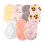 Bubba Bump's Organic Bamboo Reusable Breast Pads - 14 Pack features a collection of ultra-absorbent, round pads made from organic bamboo. Displayed in an array of colors and patterns—solid pastels, floral prints, and designs with feathers and sunflowers—they are neatly arranged on a white background.