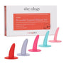 Image of a Calexotics She-ology™ 5-piece Wearable Vaginal Dilator Set. The set includes five colorful dilators in red, purple, pink, blue, and light pink. The packaging indicates they are designed for comfort and easy mobility, made of premium silicone for optimal vaginal wellness, and come with a dilator guide.