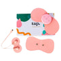 The Tap. 2 Wearable TENS Machine by Tap Health is a pink, butterfly-shaped device with control buttons for customized pain management. It is displayed next to its packaging, a USB charging cable, and electrode pads. The box features a vibrant design with green, pink, and orange motifs.