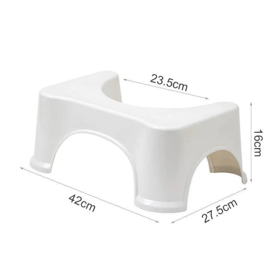 The BIEN Toilet Stool by BIEN Australia is a white plastic ergonomic stool featuring a U-shaped cutout in the middle. It measures 42 cm in width, 27.5 cm in depth, has a U-shaped cutout width of 23.5 cm, and stands 16 cm tall—designed to promote natural bowel movements and alleviate constipation.